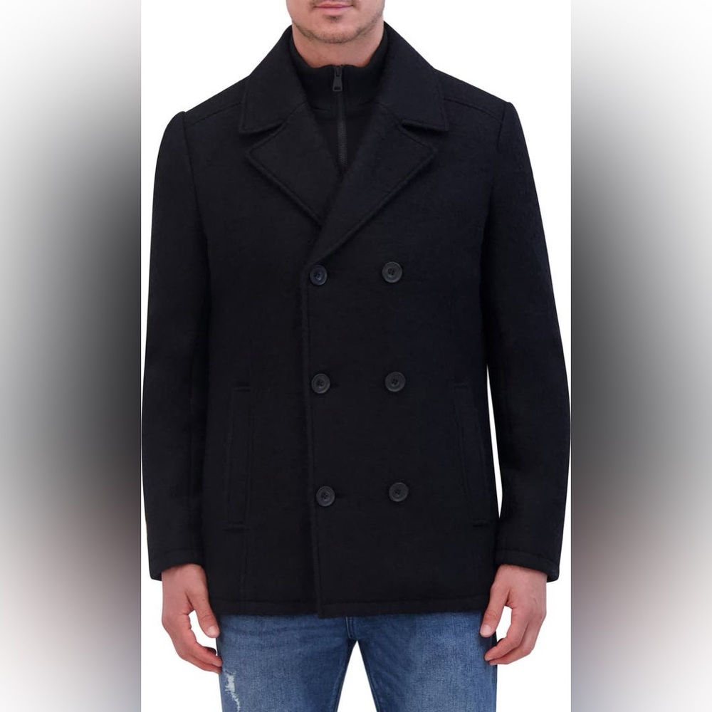 Kenneth Cole New York | Gray Black Wool Blend Boucle Double Breasted Peacoat S
